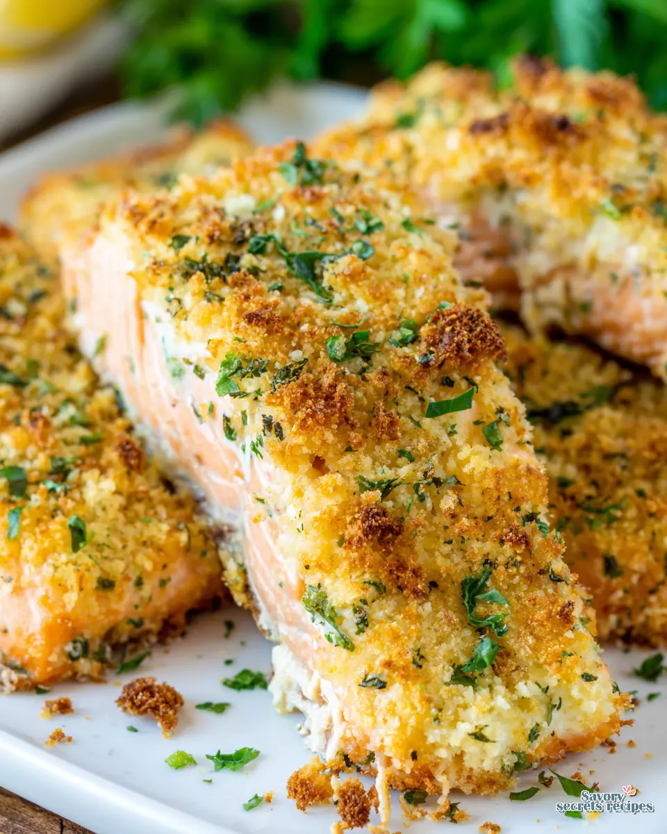 crispy parmesan crusted salmon with cream cheese close up
