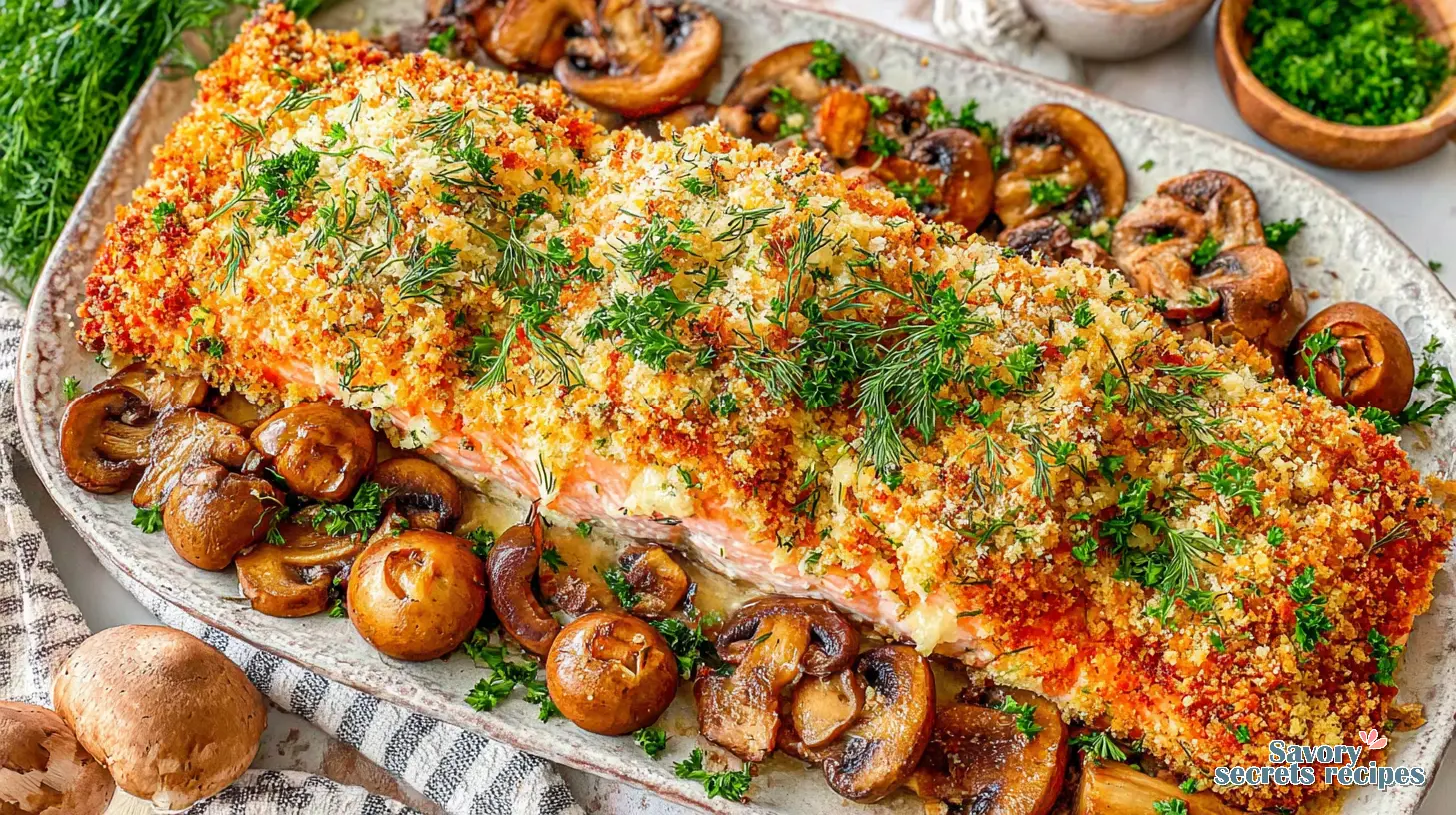 crispy parmesan crusted salmon and mushrooms plated with lemon wedge