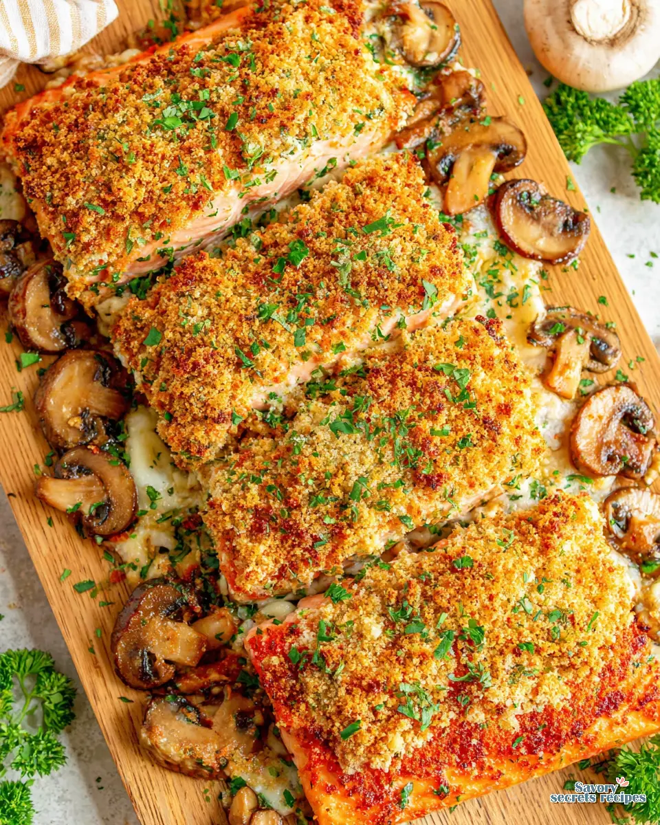 close up of crispy parmesan crust on salmon with sautéed mushrooms