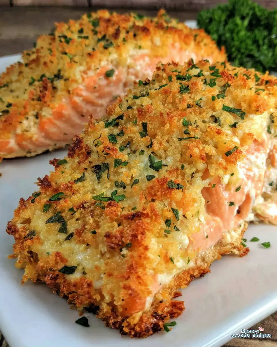 crispy parmesan herb crusted salmon close up