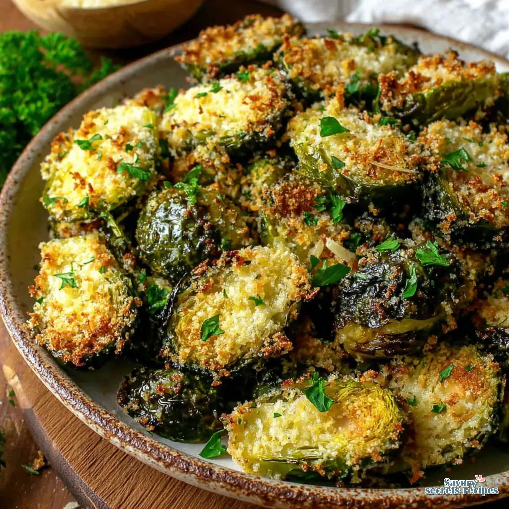 crispy parmesan roasted brussels sprouts served as a side dish