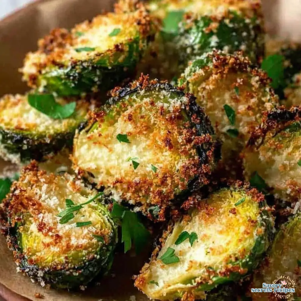 crispy parmesan crust on roasted brussels sprouts close up