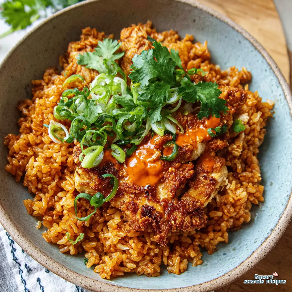 crispy rice chicken bowl close up