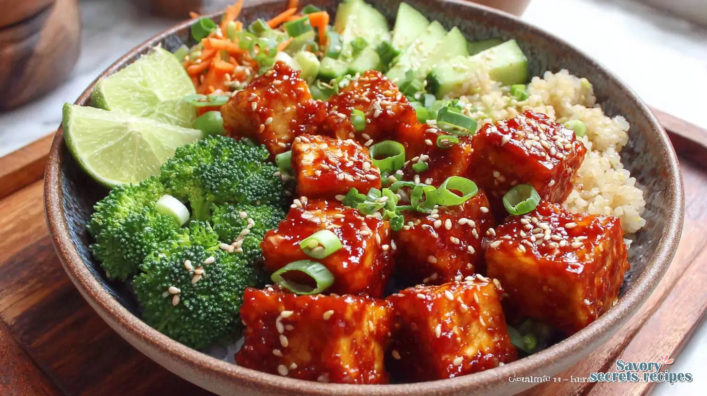 Fully assembled Crispy Sweet Chili Tofu Bowl with rice and vegetables