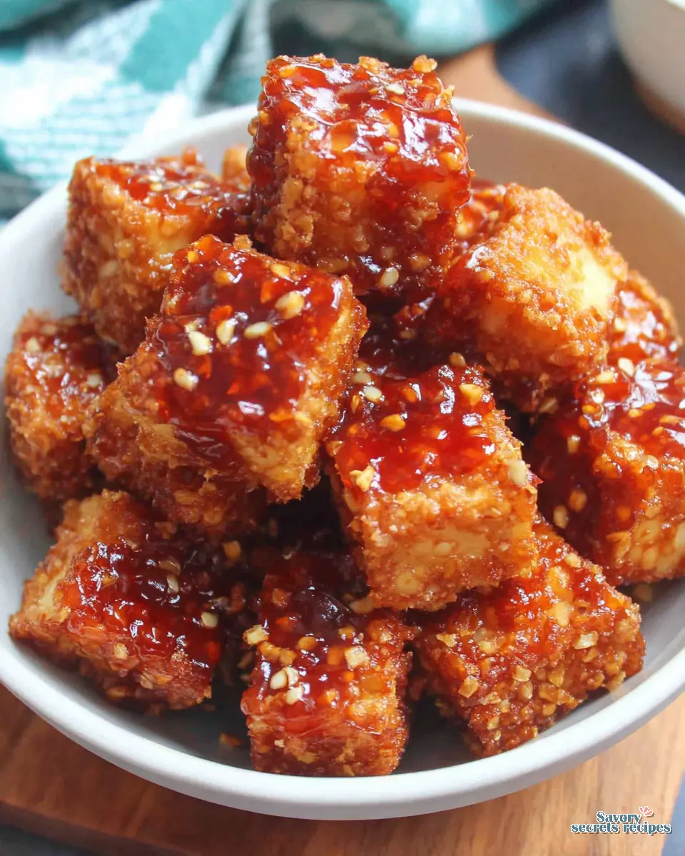 Close up of crispy tofu cubes coated in glossy sweet chili sauce