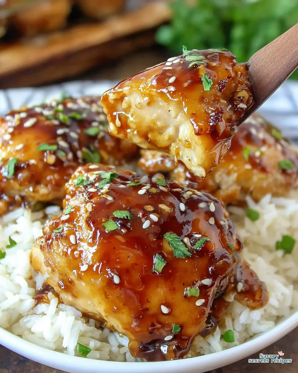 easy sticky honey garlic chicken and rice bake close up