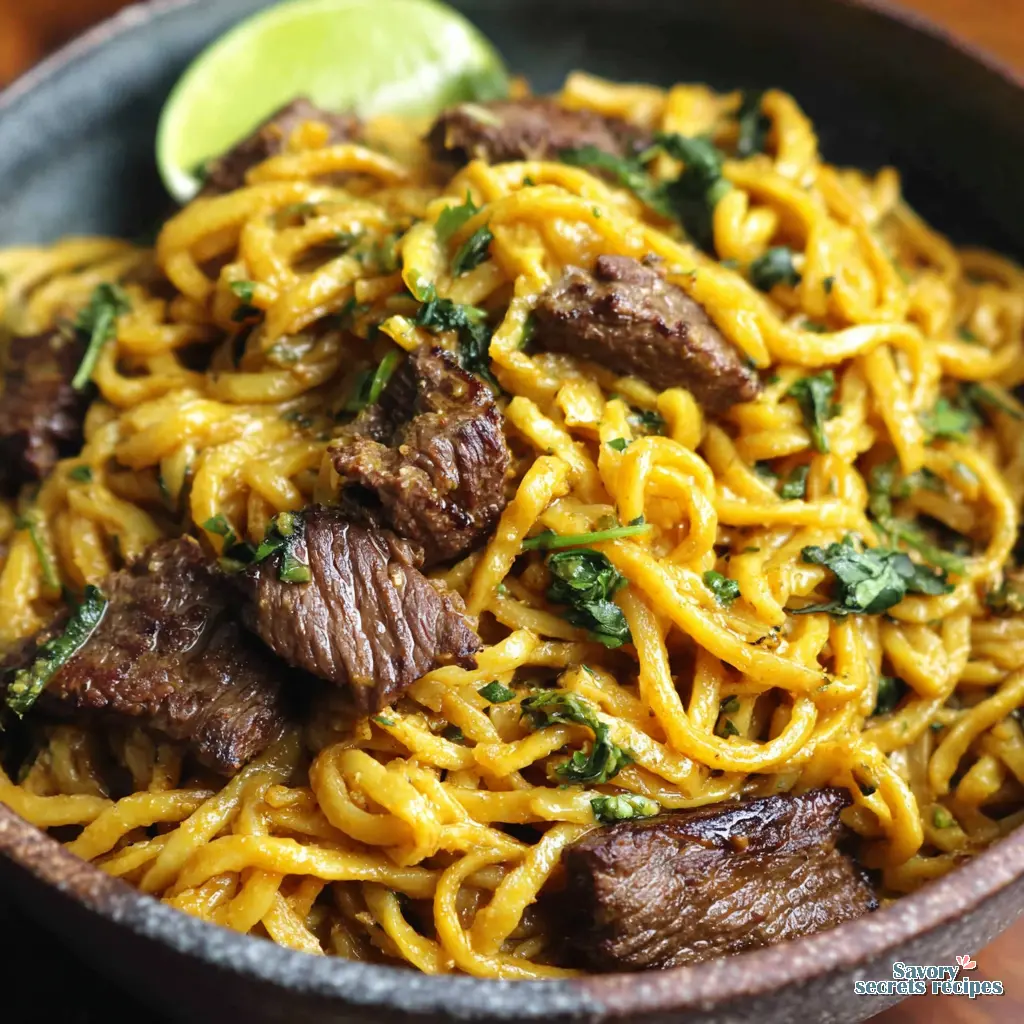 garlic butter beef noodles close up
