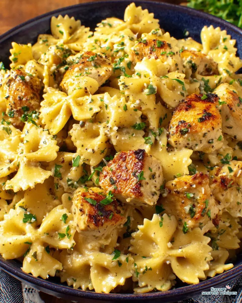 Garlic Butter Chicken Pasta Bowl close up
