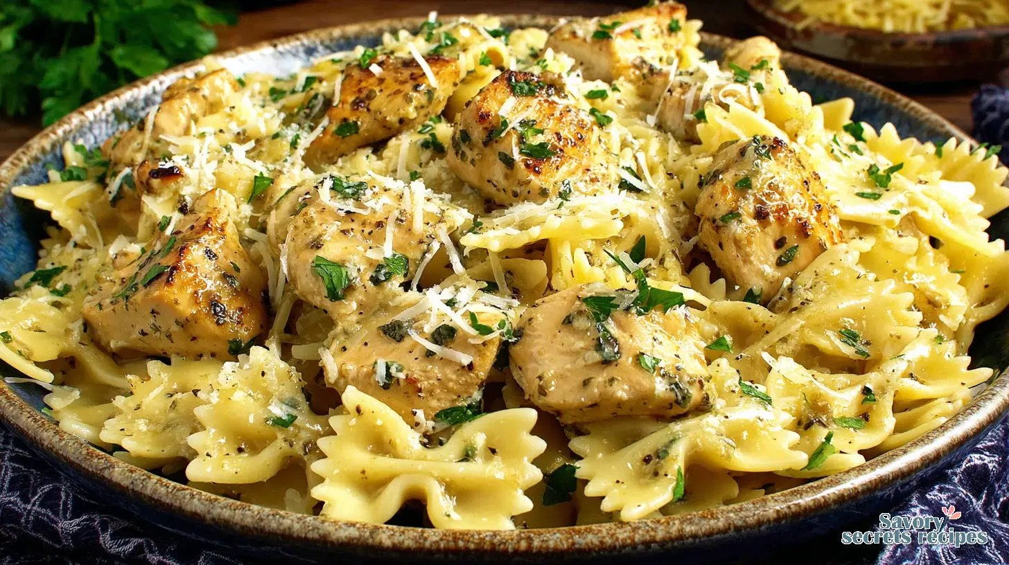 Garlic Butter Chicken Pasta Bowl final presentation