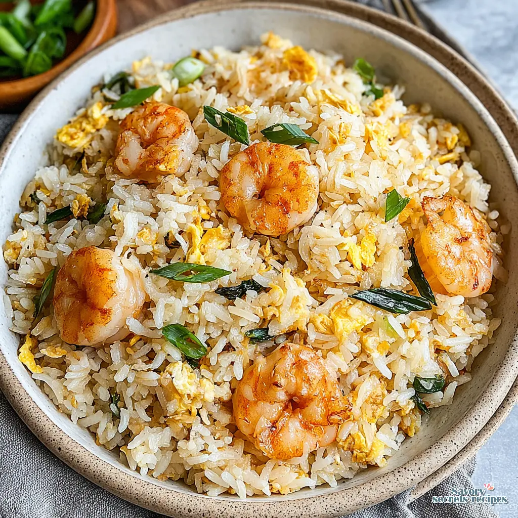 garlic butter shrimp fried rice close up showing shrimp and rice texture