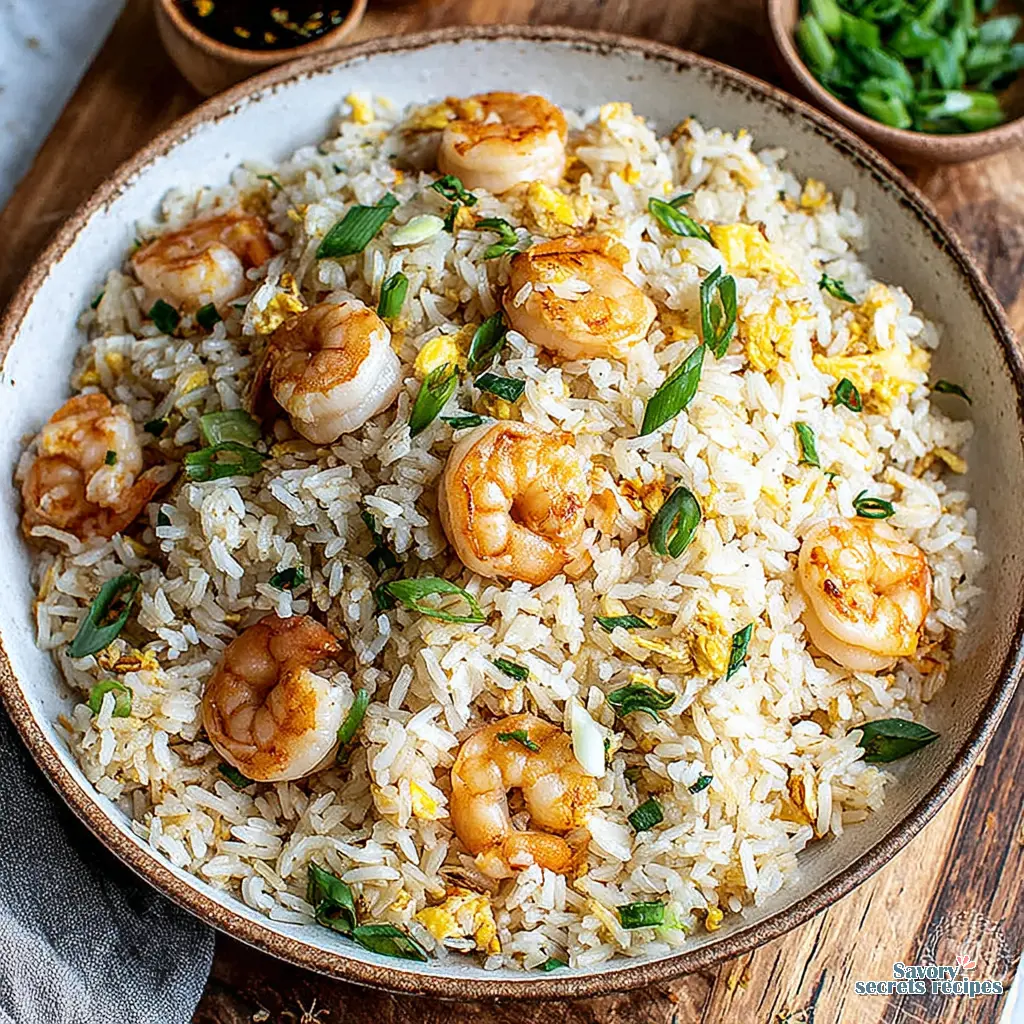 garlic butter shrimp fried rice final presentation with green onions