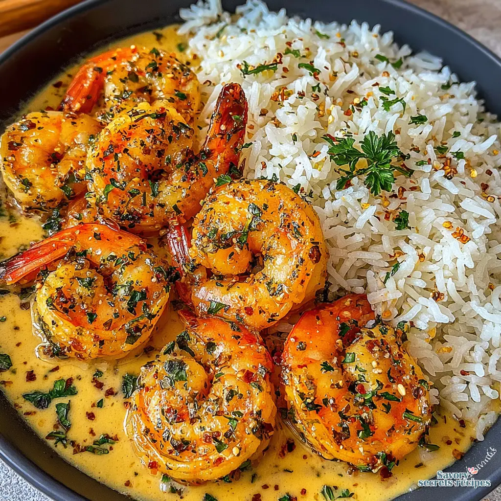 Garlic Butter Shrimp Rice close up showing sauce coating the rice