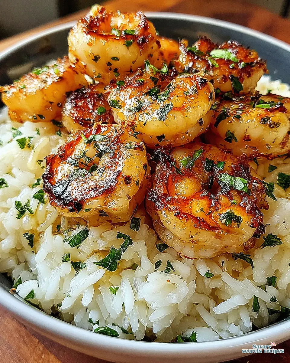 garlic butter shrimp rice bowl close up