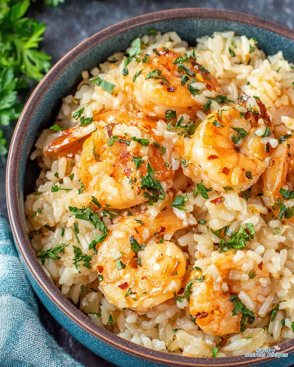 garlic butter shrimp rice instant pot close up