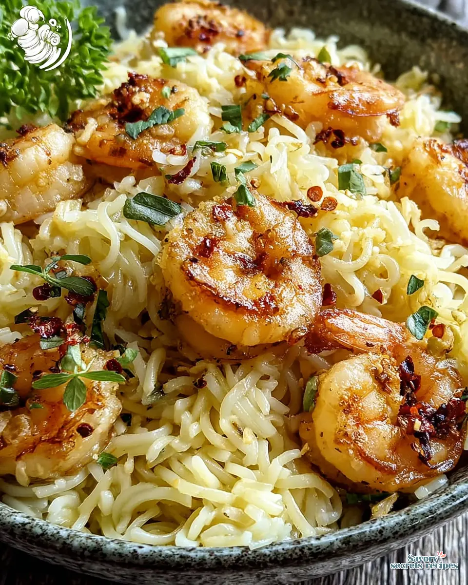 garlic butter shrimp rice noodles close up