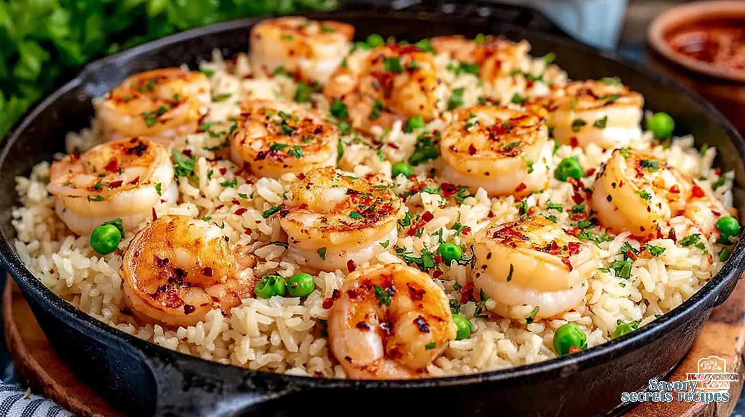 The finished skillet presented on a wooden table with a side salad and slice of lemon, ready to serve