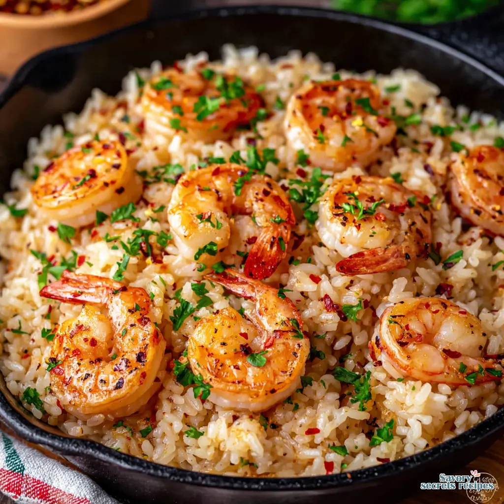 Close-up of shrimp searing in a skillet, showing the golden crust and pink flesh, with toasted rice grains visible