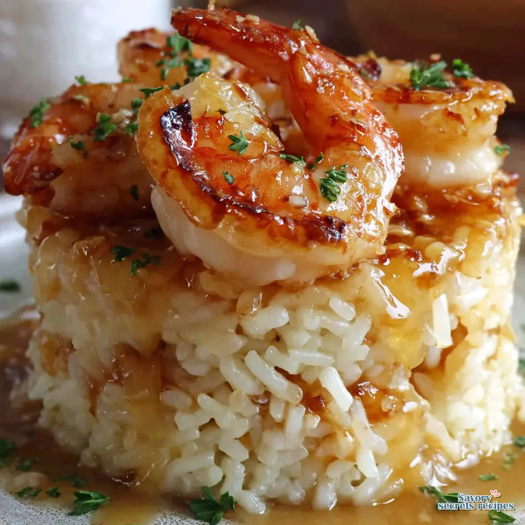 garlic butter shrimp rice stack close up
