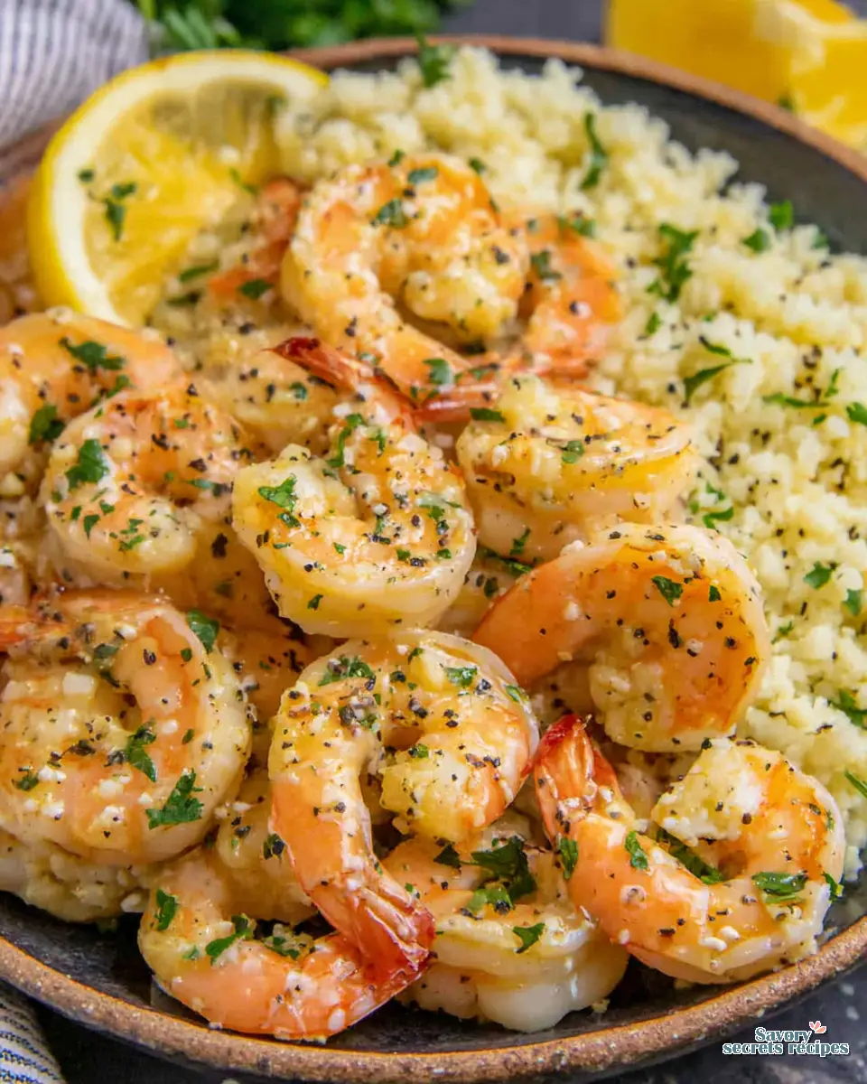garlic butter shrimp with cauliflower rice close up
