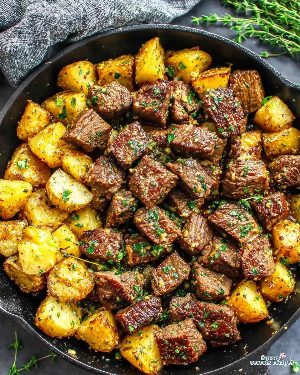 Garlic Butter Steak and Potatoes Skillet close up