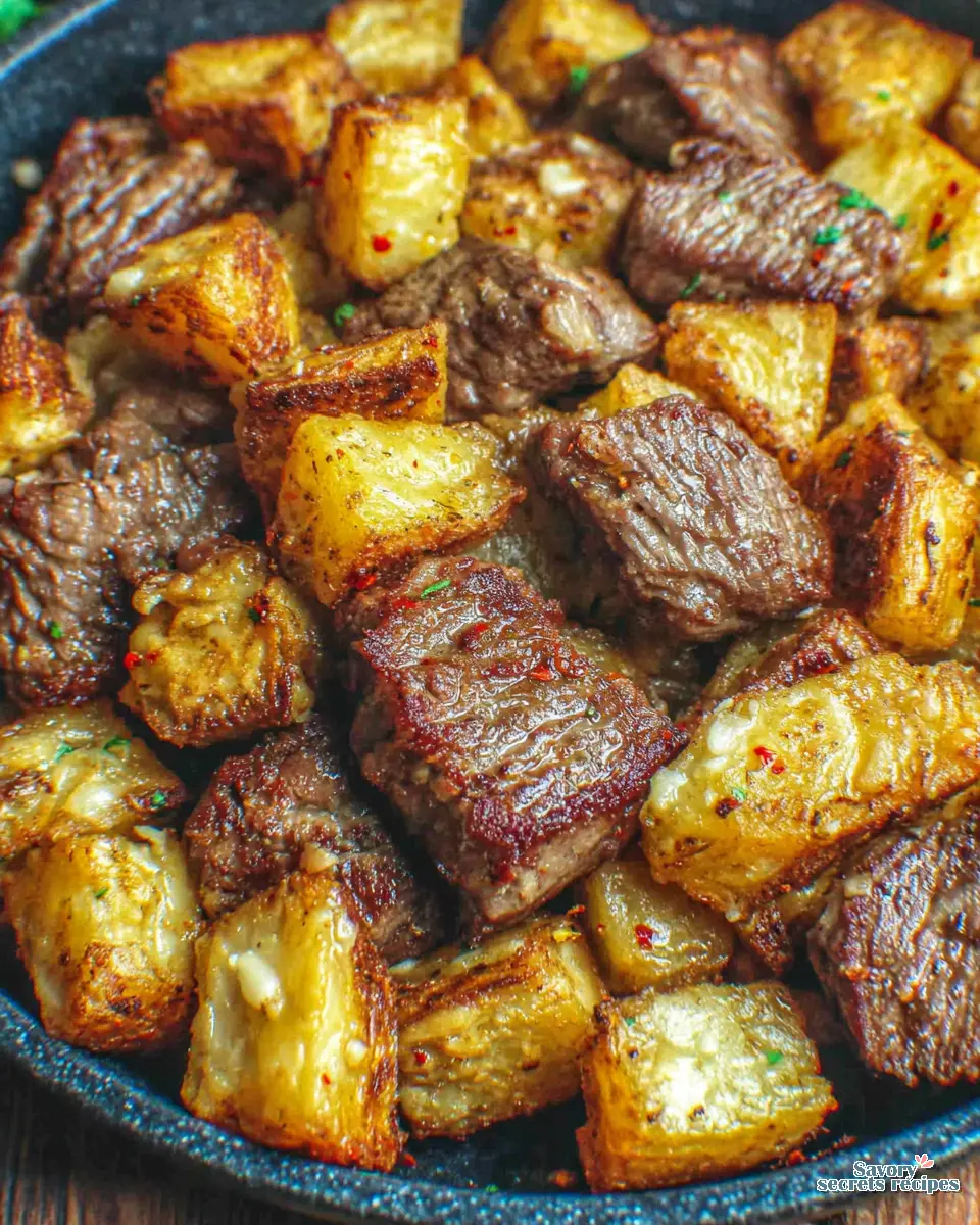 close up of crispy potatoes and juicy steak bites in garlic butter