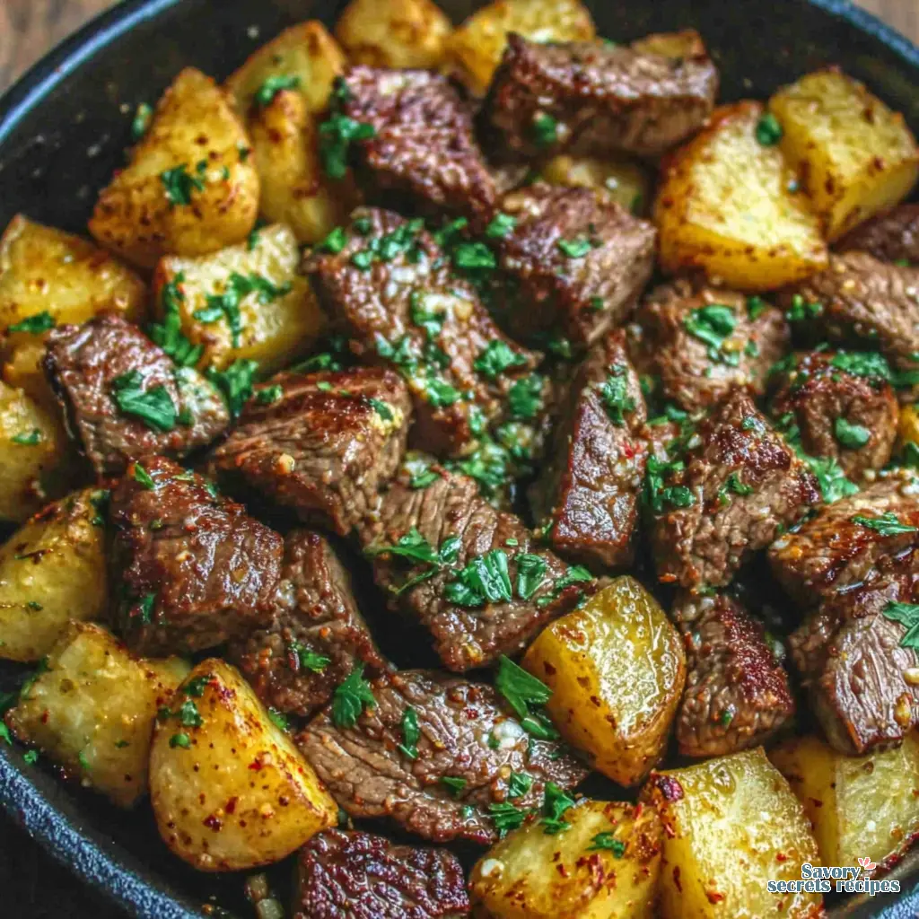 garlic butter steak and potatoes skillet air fryer 679158389