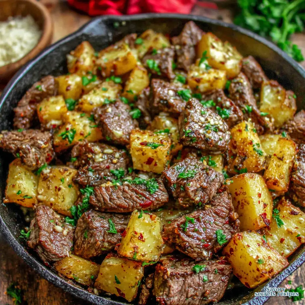 garlic butter steak and potatoes skillet air fryer served with side salad