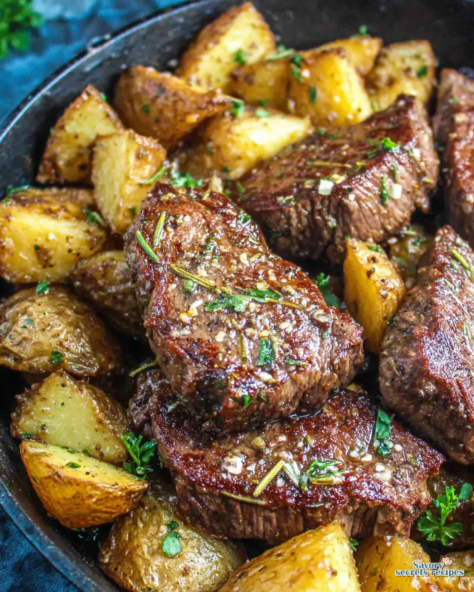 garlic butter steak and potatoes skillet healthy close up