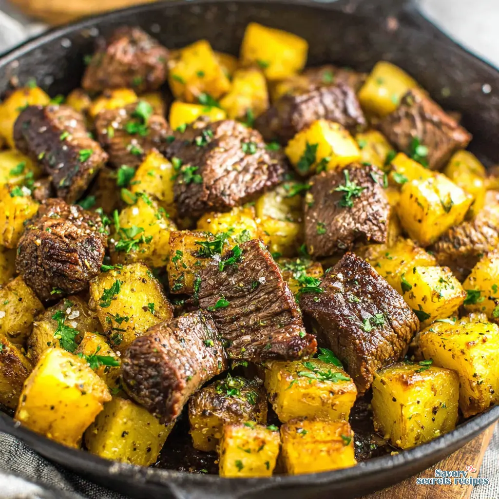 garlic butter steak and potatoes skillet video close up