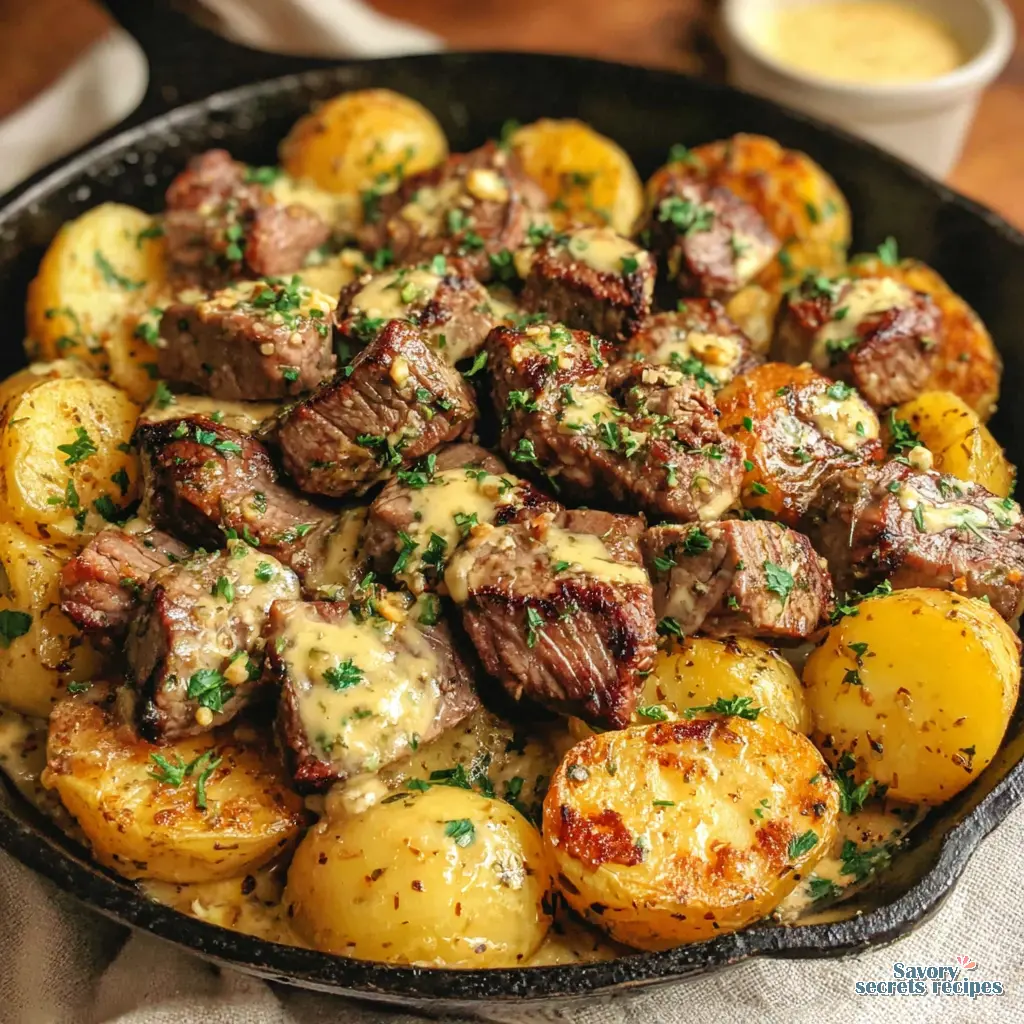 garlic butter steak bites and potatoes skillet recipe 336741097