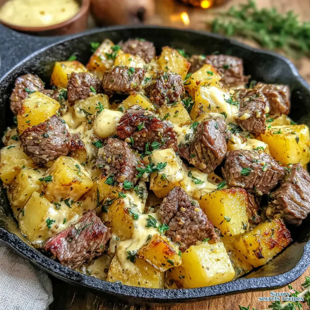 garlic butter steak bites and potatoes skillet recipe final presentation