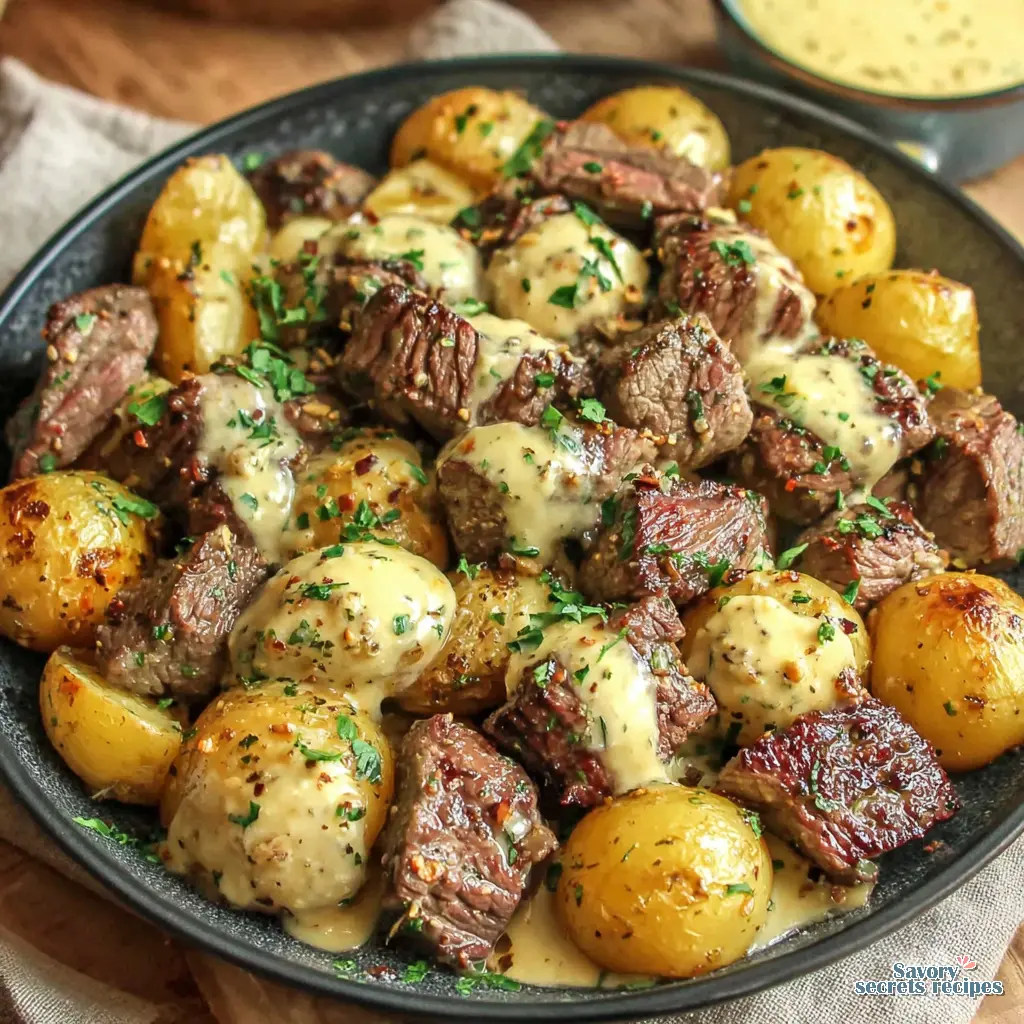 close up of searing steak bites in skillet with potatoes