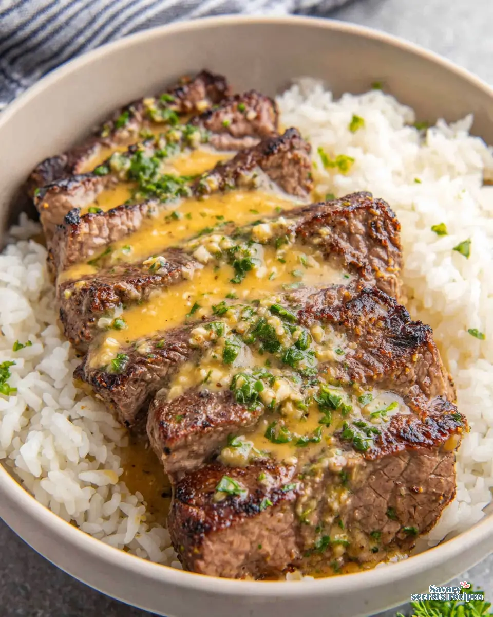 Garlic Butter Steak Rice Bowl close up