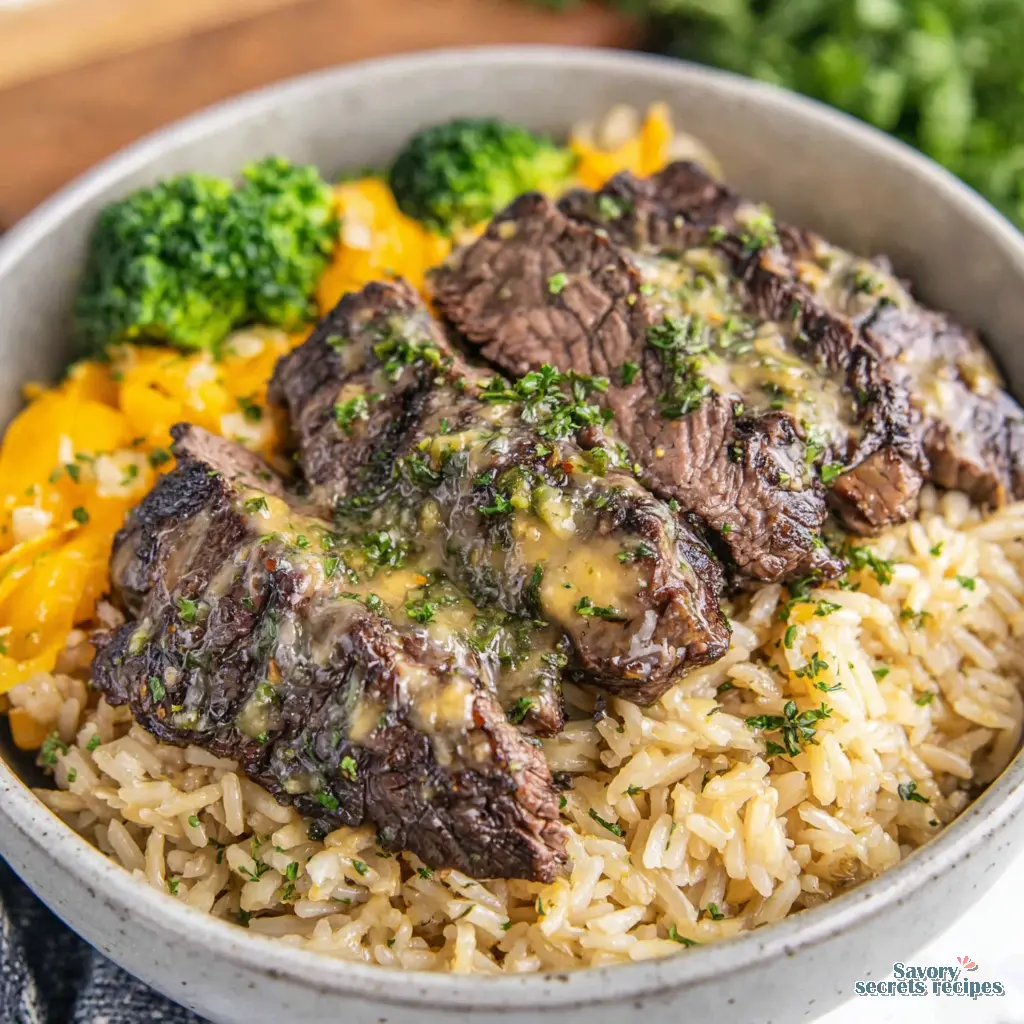 Garlic Butter Steak Rice Bowl final presentation
