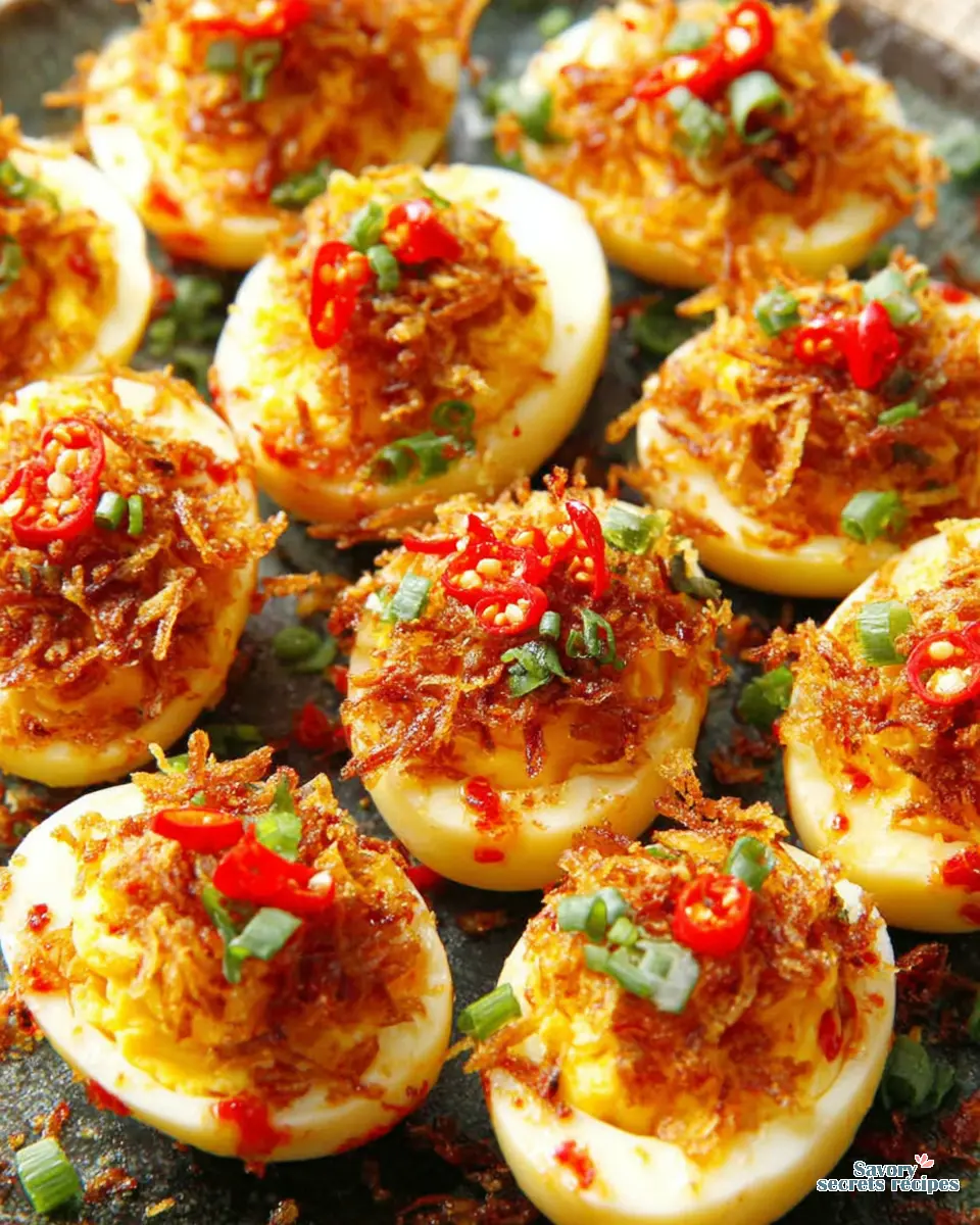 Garlic Chili Crunch Eggs close up