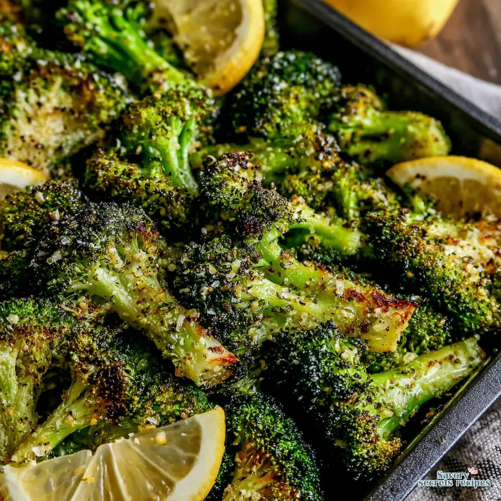 garlic lemon roasted broccoli close up