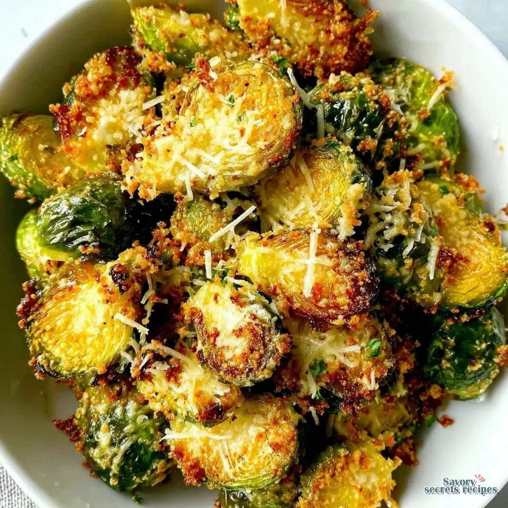 garlic parmesan roasted brussels sprouts close up showing crispy edges and parmesan