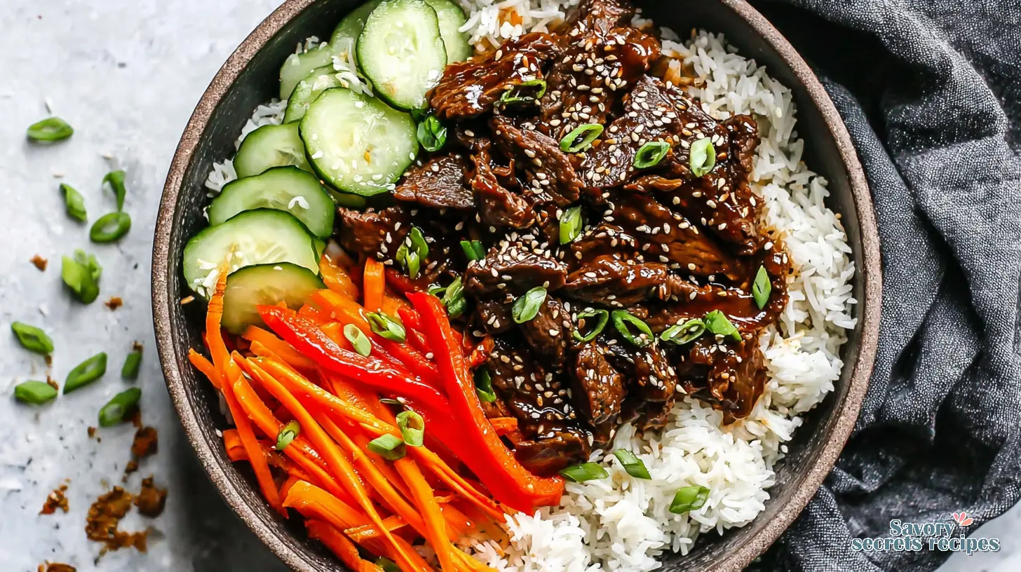 gluten free honey garlic beef rice bowl final presentation with toppings