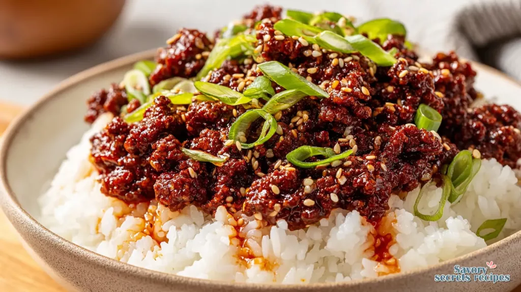 gochujang honey garlic beef rice bowl 326531845