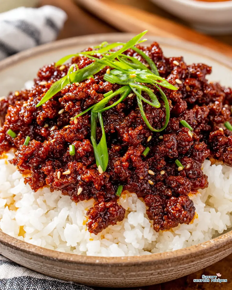 gochujang honey garlic beef rice bowl close up