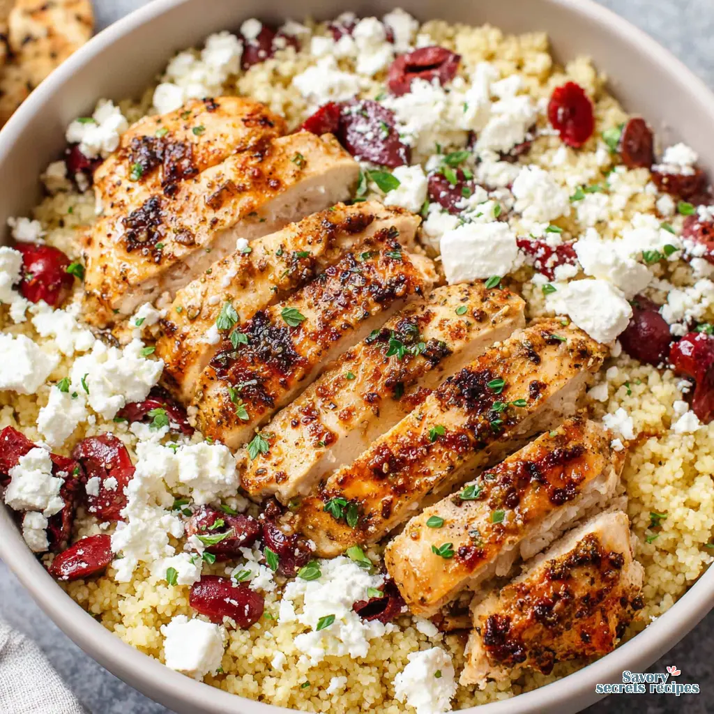 Close up of marinating chicken and fresh vegetables for Greek Chicken Couscous Bowl
