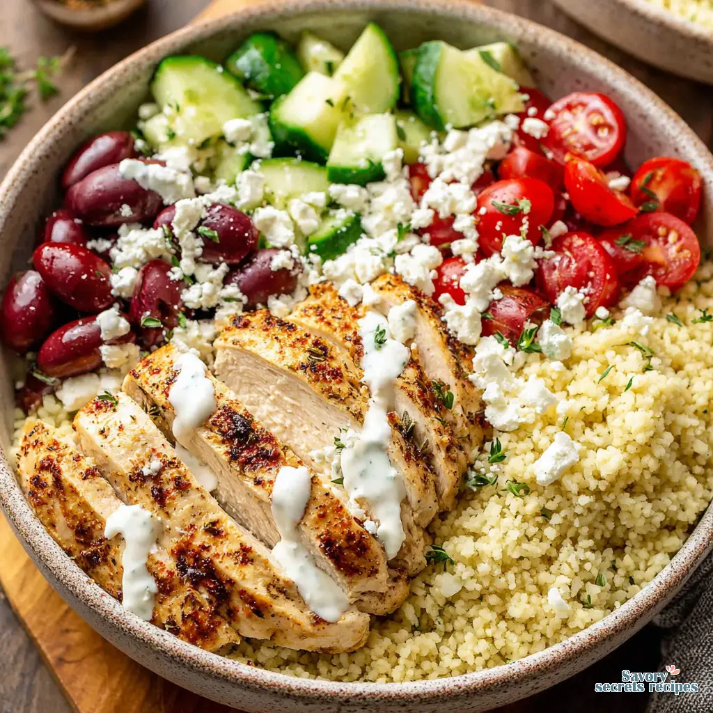 Fully assembled Greek Chicken Couscous Bowl ready to eat