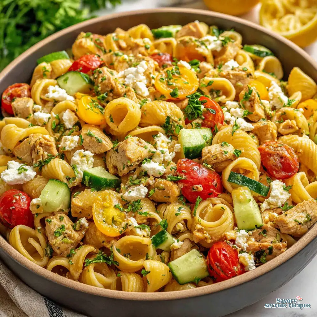 greek chicken pasta salad close up