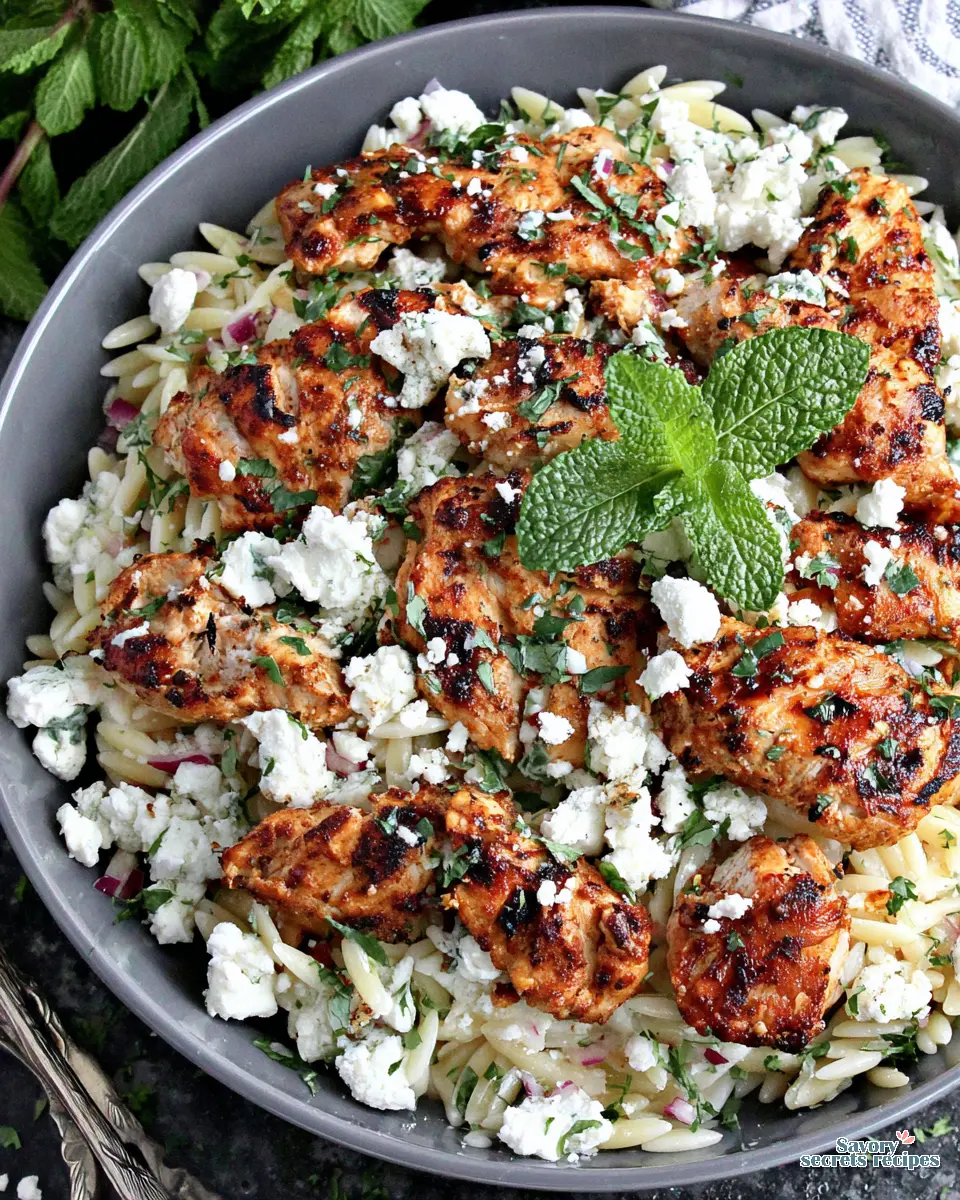 Chopped vegetables and chicken for Greek Orzo Chicken Bowl