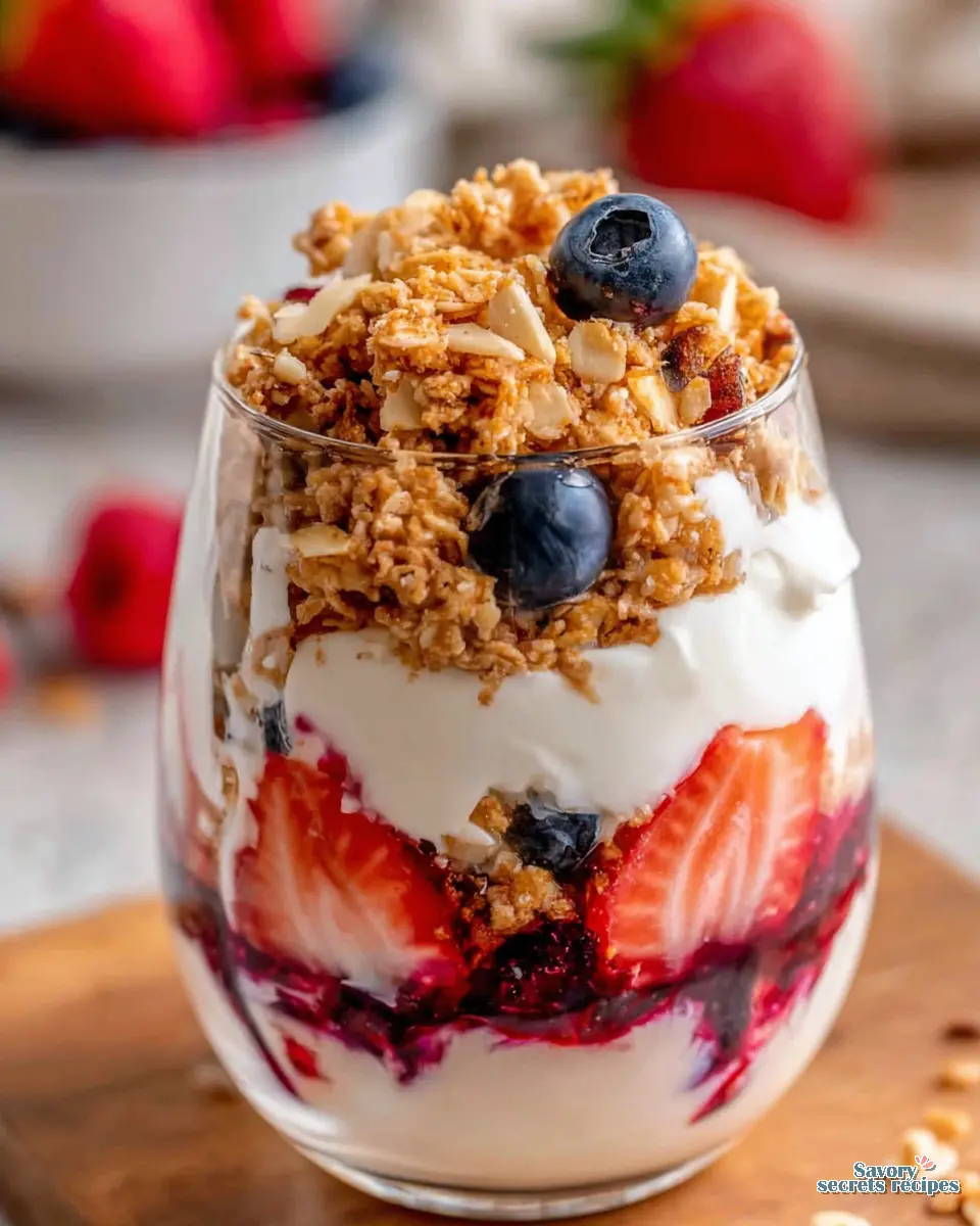 Greek Yogurt Berry Parfait close up showing layers