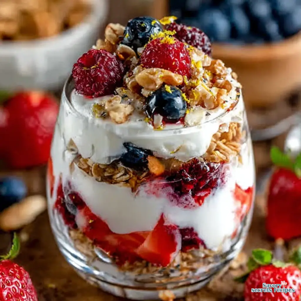 Greek Yogurt Berry Parfait final presentation in a jar with spoon