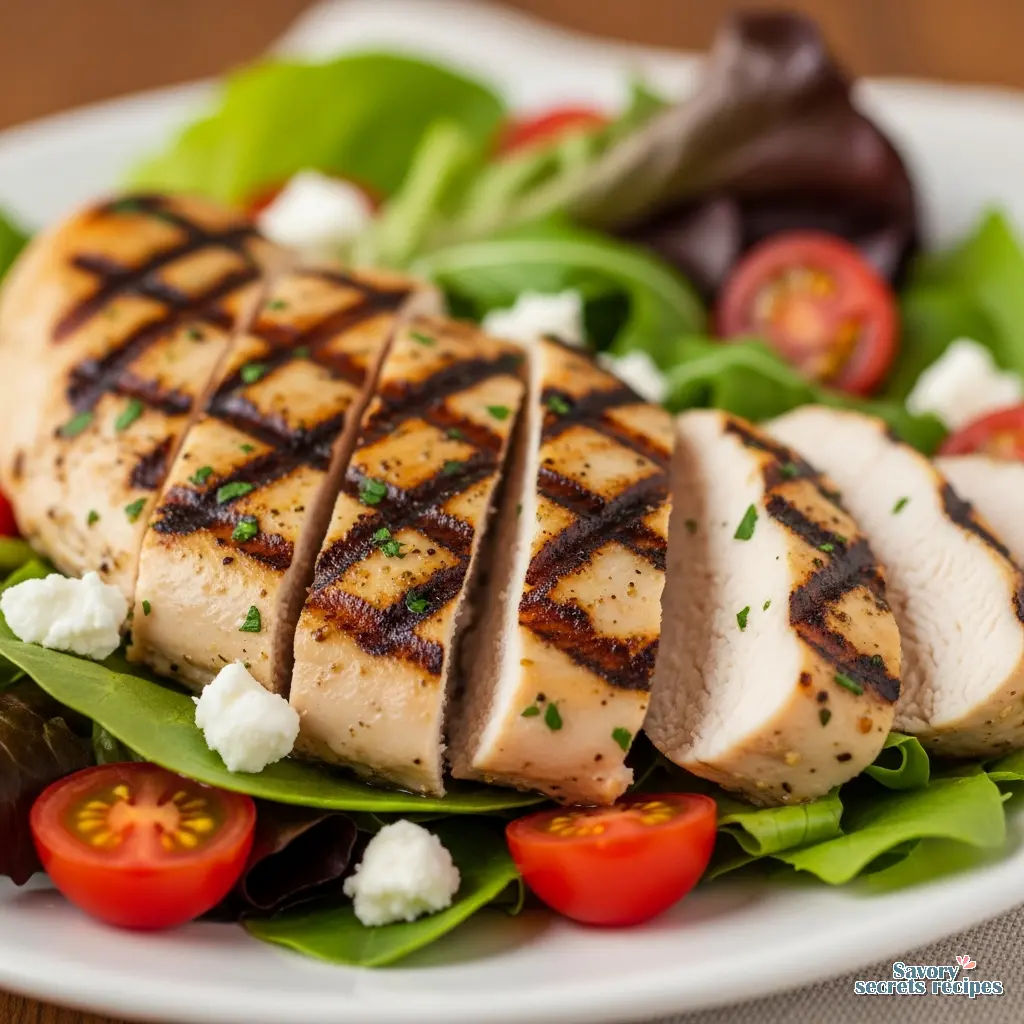 grilled lemon herb mediterranean chicken salad recipe close up