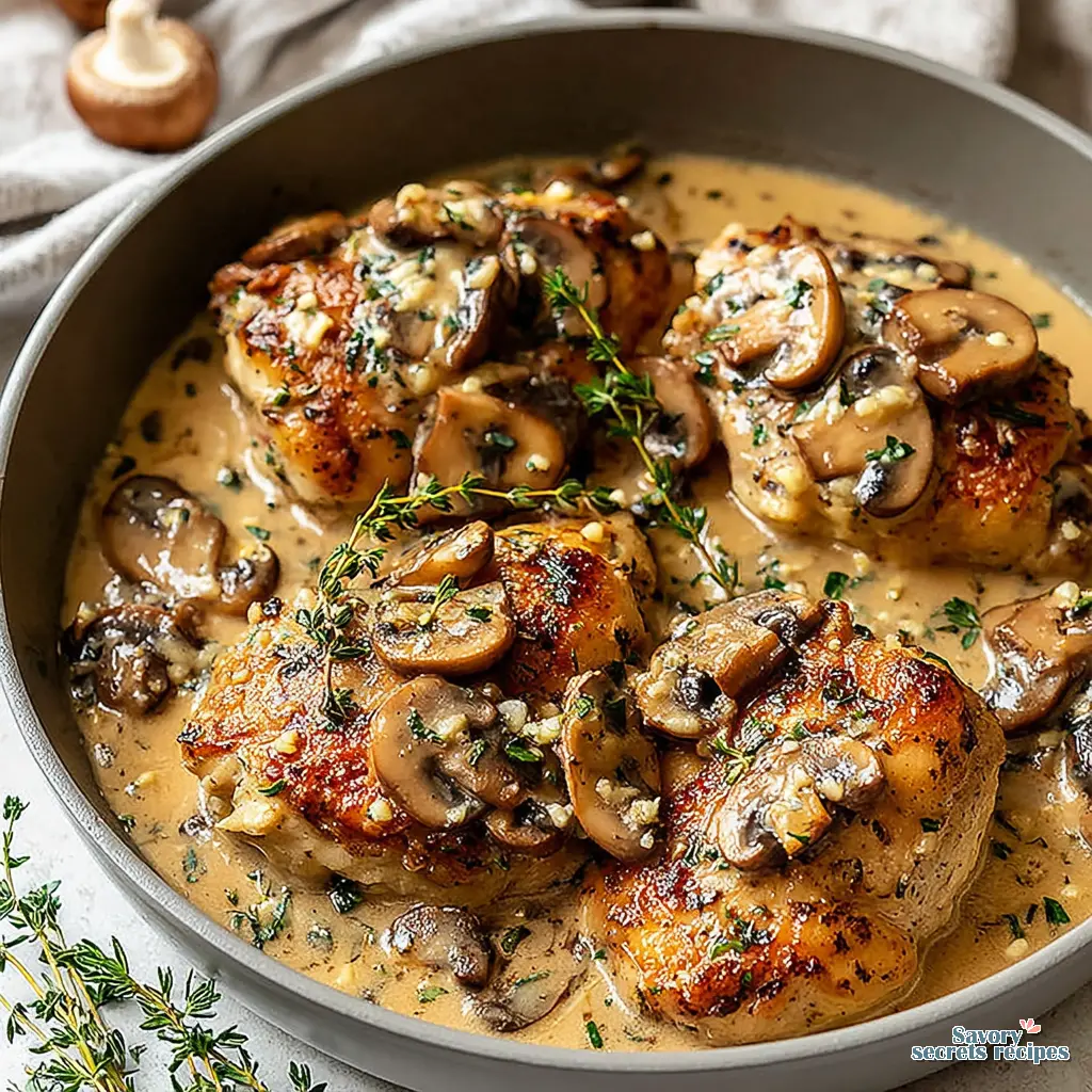 healthy creamy garlic mushroom chicken close up
