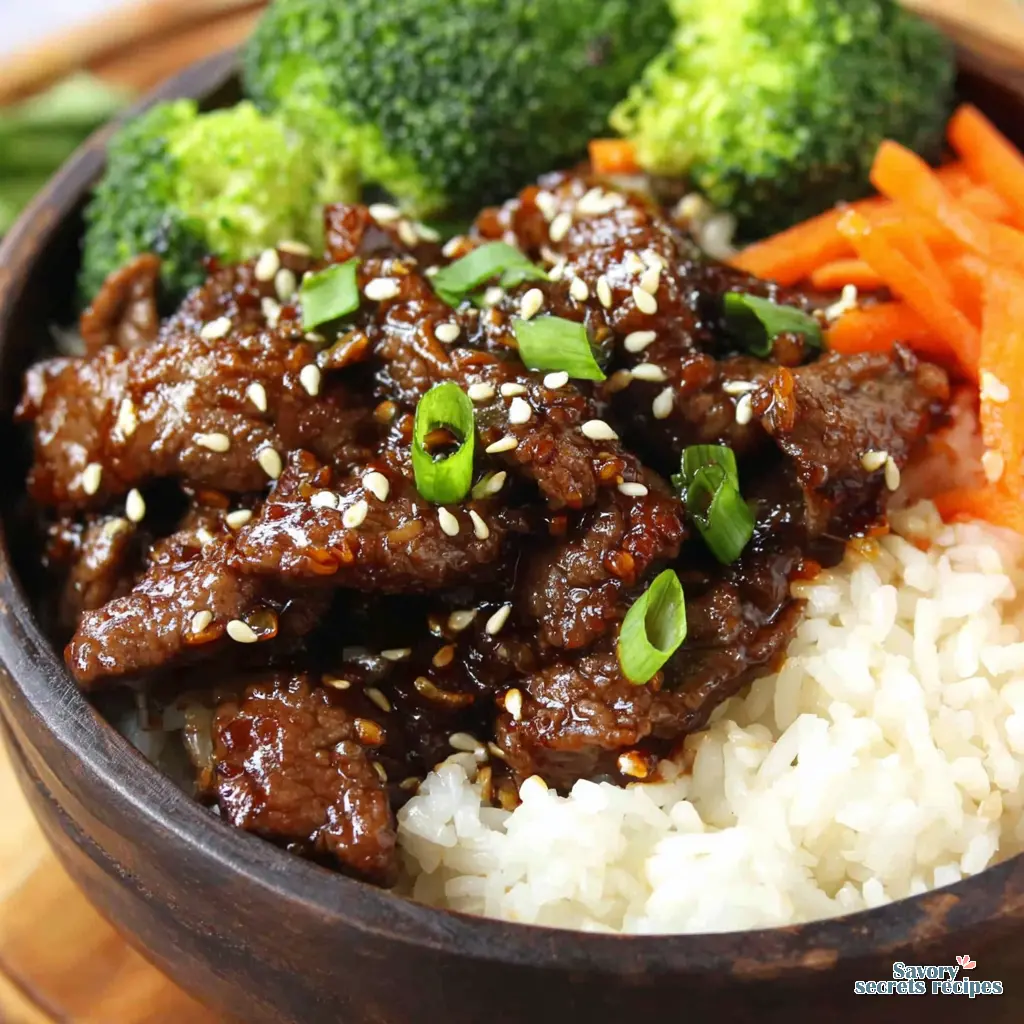 healthy honey garlic beef rice bowl close up