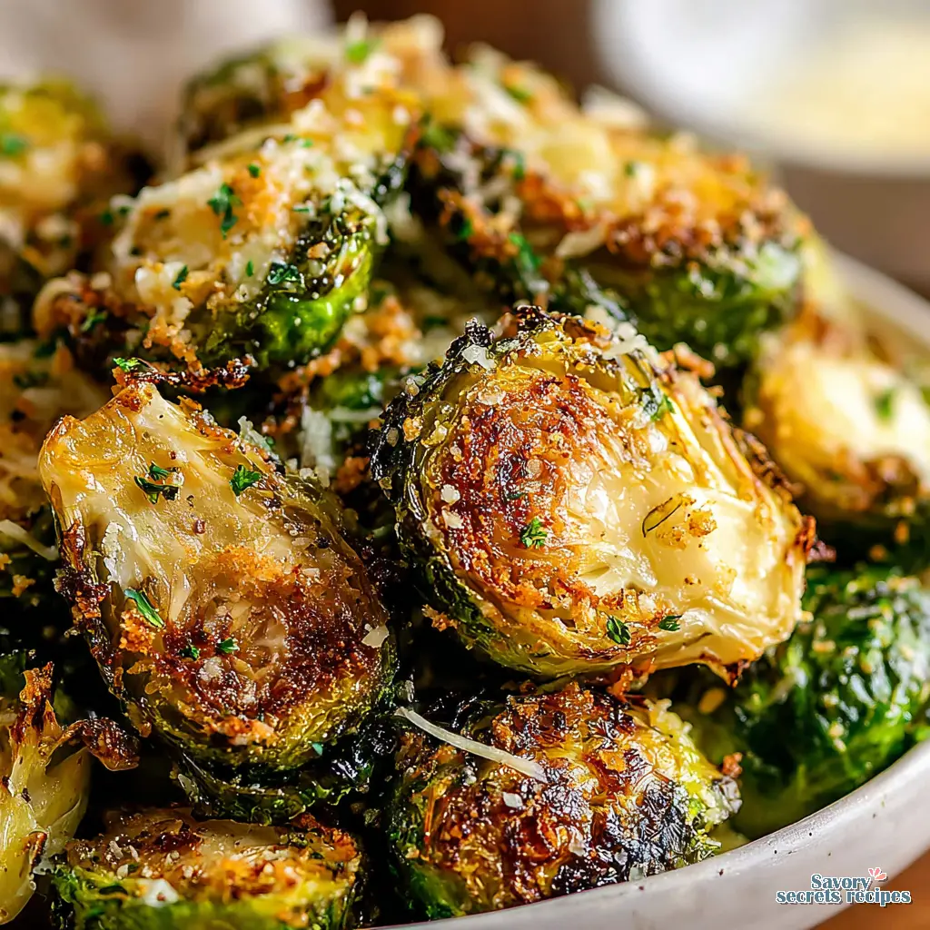close up of crispy parmesan crust on brussels sprouts